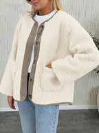 Modern Cozy Women Luxuriously Cozy Contrast Button Up Sherpa Jacket with Pockets For Fall & Winter Stevvex