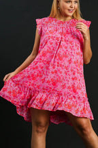 Pink Full Size Smocked Detail Floral Ruffle Cap Sleeve Dress Plus Size Glamorous & Feminine Dress Stevvex
