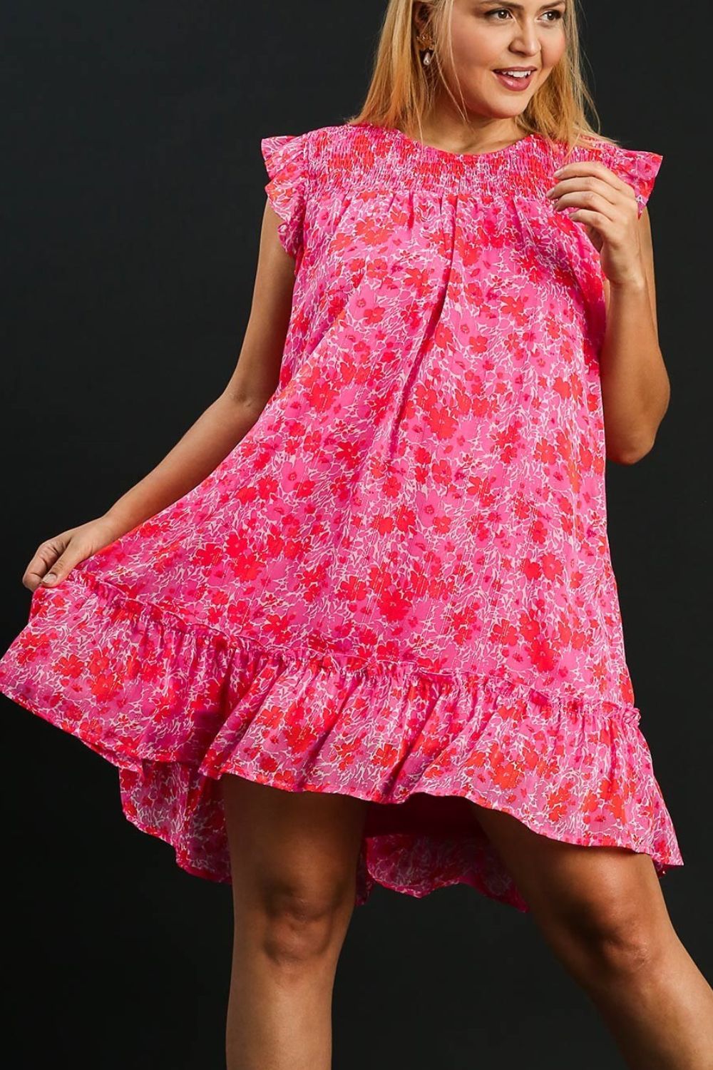 Pink Full Size Smocked Detail Floral Ruffle Cap Sleeve Dress Plus Size Glamorous & Feminine Dress Stevvex