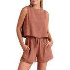Women's Set Summer Sleeveless Tops And Drawstring Shorts Fashion Suit 2pcs Pi-Mart