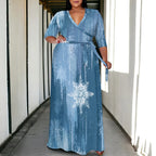 Plus Size Women's 3/4 Sleeve V-Neck Snowflake Print Wrap Maxi Dress Winter Elegant Party Dress Purplish Diva