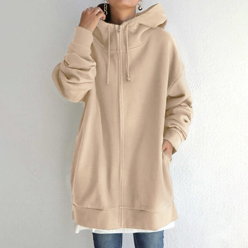 Zipper Hooded Long Plus Fleece Sweatshirt Pi-Mart