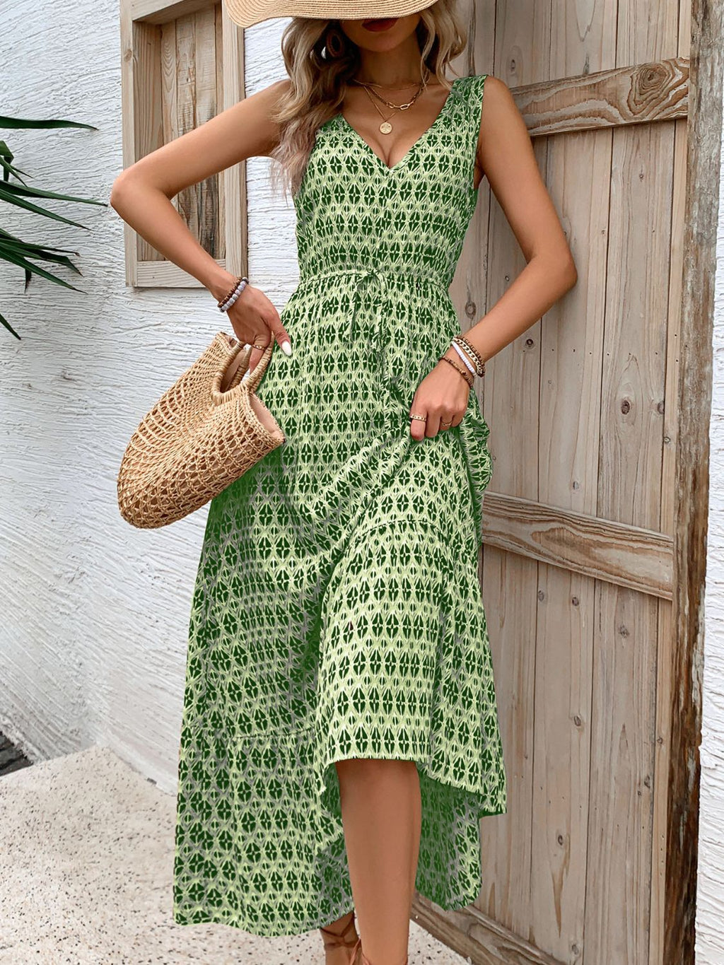 Vintage Printed V-Neck Tie Waist Midi Dress Lightweight Trendy & Elegant Dress for Women Stevvex