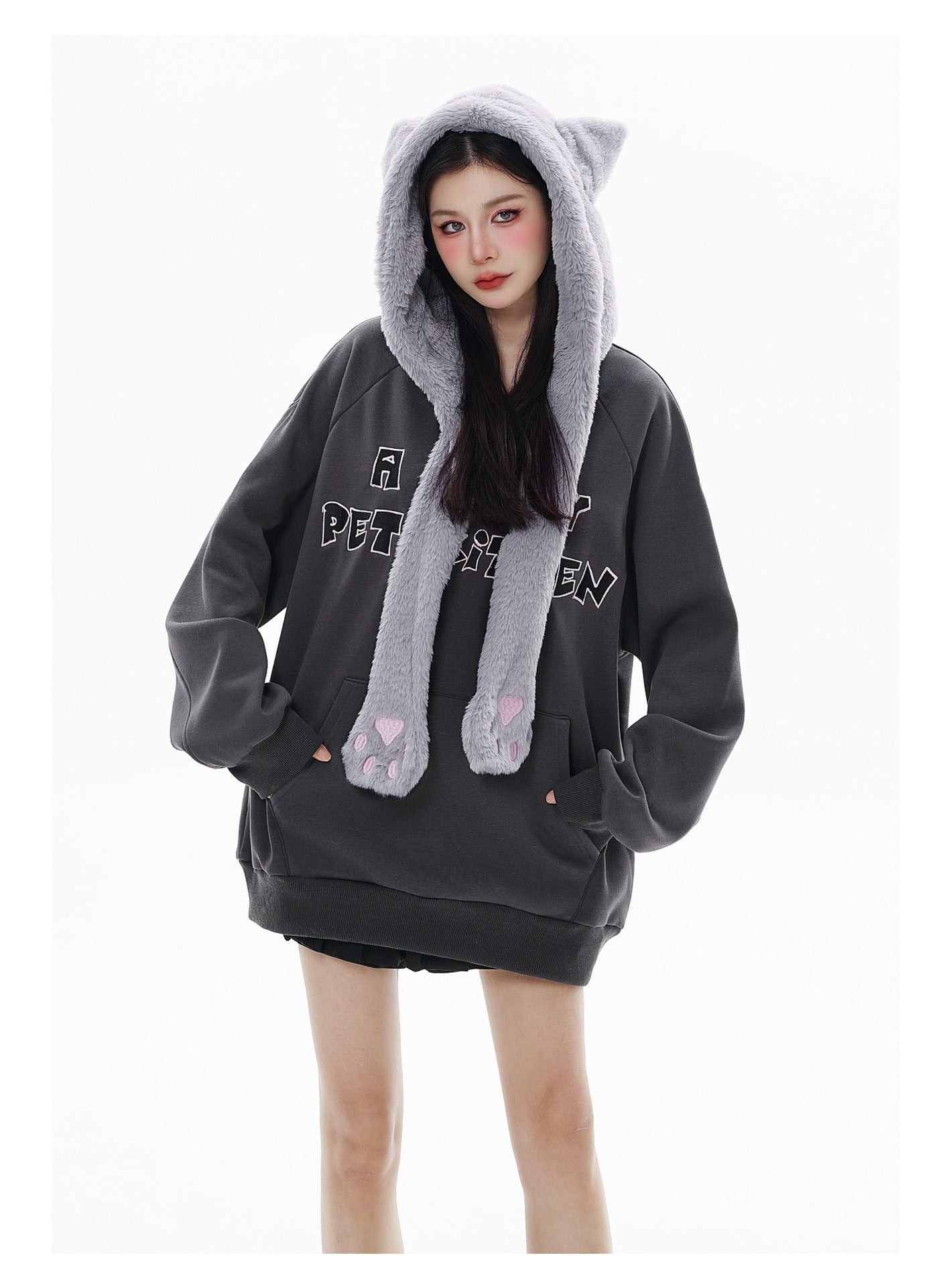 Fleece-lined Hooded Loose Pullover Sweatershirt Pi-Mart