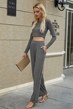 Two Pieces Crew Neck Solid Pockets Fit Set THRIXINE
