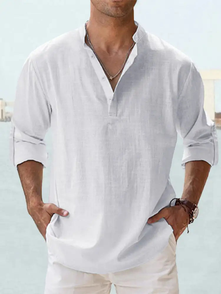 Men's Linen Stand-up Collar Long Sleeve T-shirt Loose Undershirt