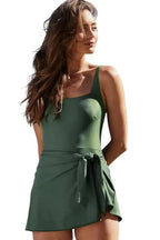 Black Side Tied Waist Square Neck Adjustable Straps A Line One Piece Swim Dress