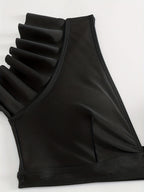 Bikini Black Solid Color Ruffle V Neck 2 Piece Swimsuit for Women – High Waisted Flattering Bikini Set with Lettuce Trim Bottoms – Sleek Stretchy Fabric Swimwear for Beach Days Poolside Style and Summer Vacation Looks