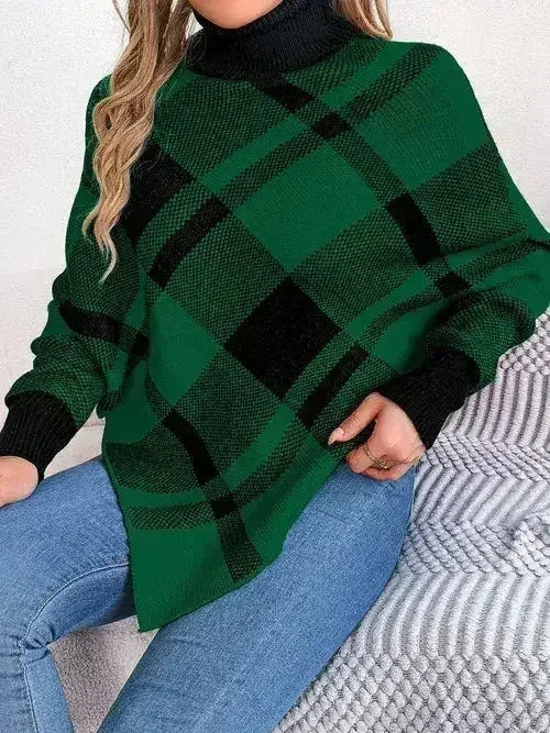 Plaid Turtleneck Batwing Sleeve Sweater - SJB-DIAMOND ELITES