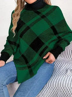 Plaid Turtleneck Batwing Sleeve Sweater - SJB-DIAMOND ELITES