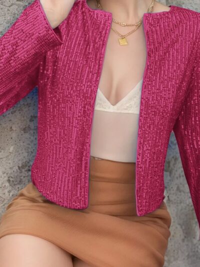 Elegant Women Full-Size Sequin Open Front Cropped Jacket With Glamorous Sparkle Luxury Women Party Jacket Stevvex