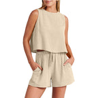 Women's Set Summer Sleeveless Tops And Drawstring Shorts Fashion Suit 2pcs Pi-Mart