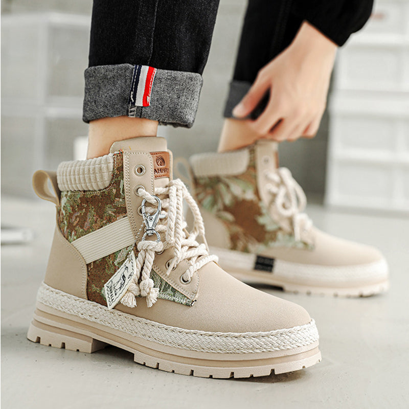 Men's Print Boots Autumn And Winter High-top British Style Comfy Breathable Casual Flat Shoes Outdoor Walking Running Boots Pi-Mart