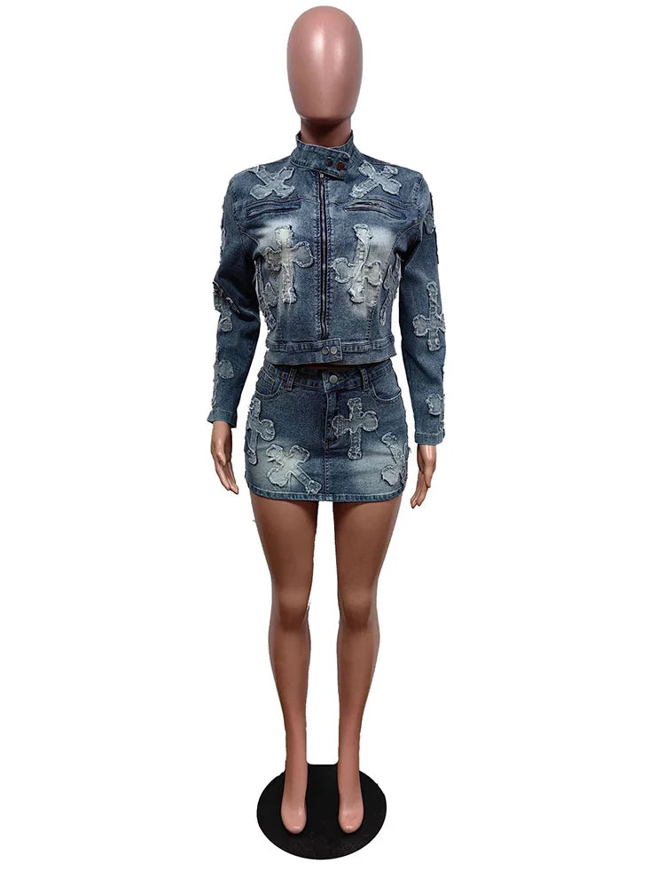 2 Piece Denim Sets Womens Outfits Spring Long Sleeve Zipper Jacket and Mini Skirt Set Sweet Sexy Outfits Wholesale Dropshipping Purplish Diva