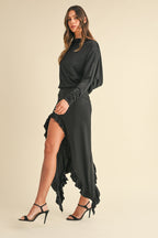 Backless Asymmetric Ruffle Hem Dress – Elegant Backless Dress, Asymmetric Dress, Ruffle Hem Dress, Sexy Evening Dress, Statement Dress For Special Occasions Stevvex