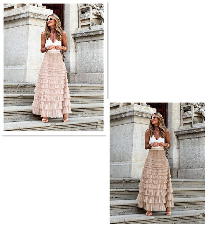 Layered Ruffles Cake Skirt Summer Fashion A Line Swing Mesh Long Skirt Party Dress Women Pi-Mart