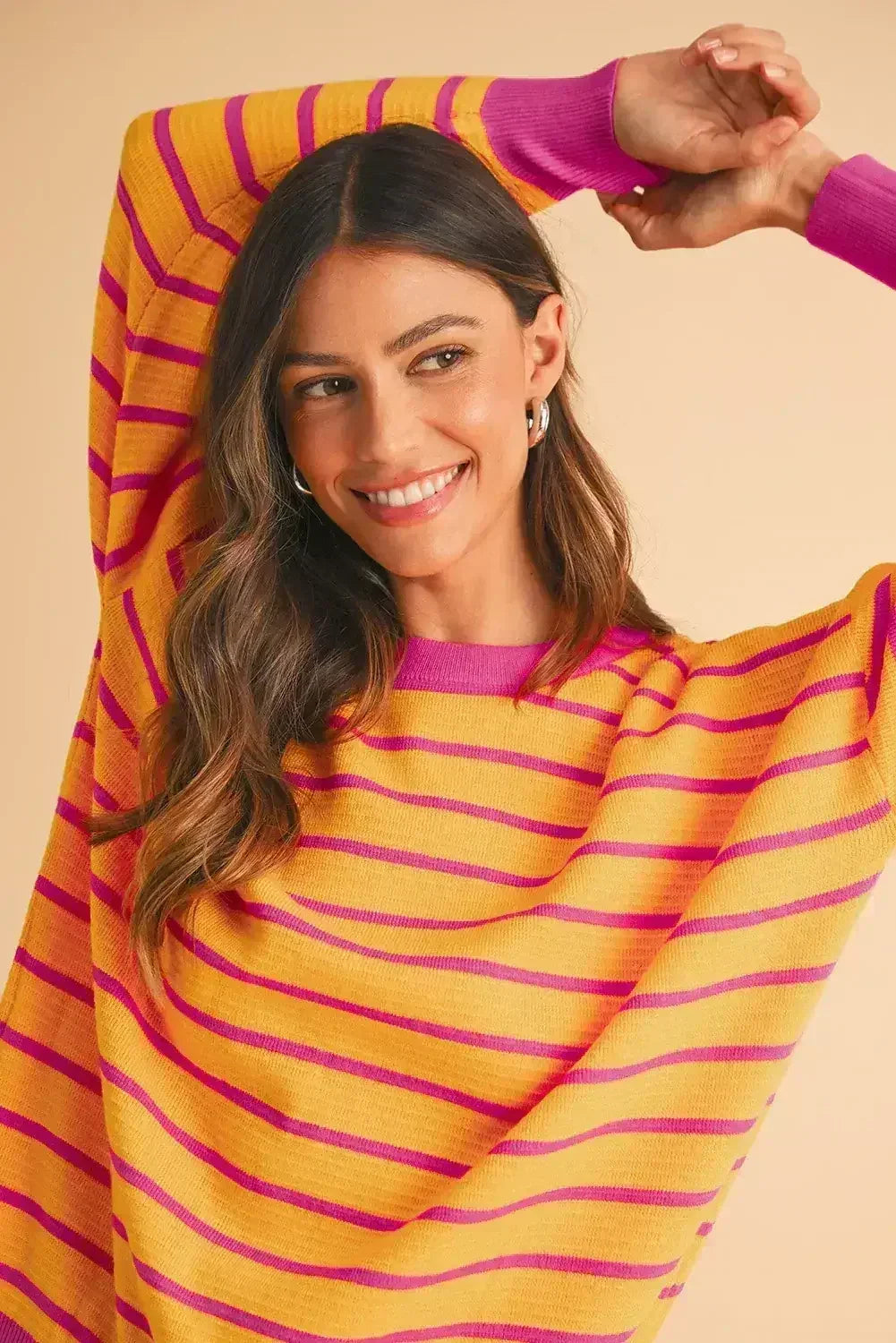 Pink Stripe Round Neck Drop Shoulder Loose Sweater