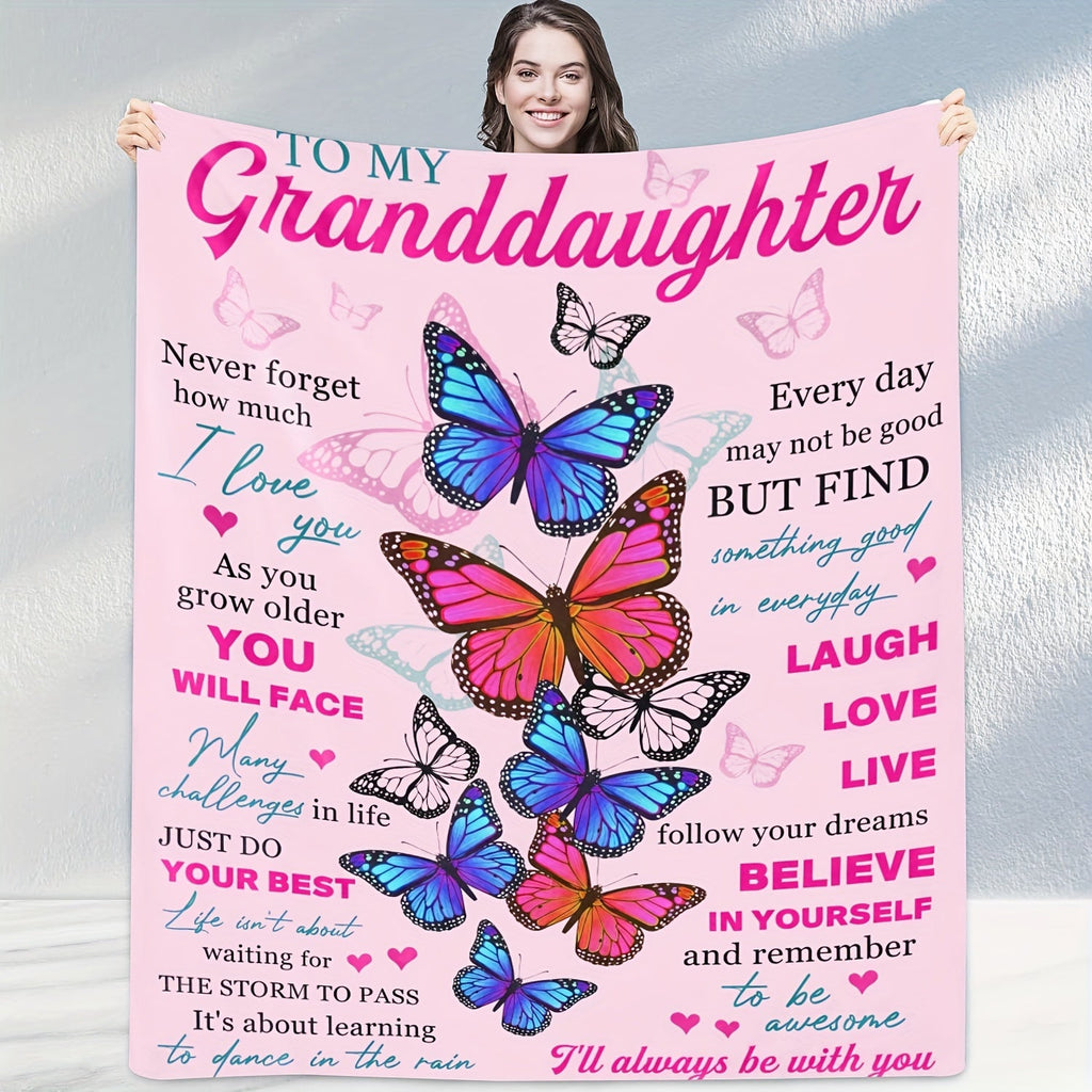 1pc Soft Flannel Butterfly Print Blanket, Warm Cozy Throw for Couch Bed Sofa, To My Granddaughter Lootquake LLC