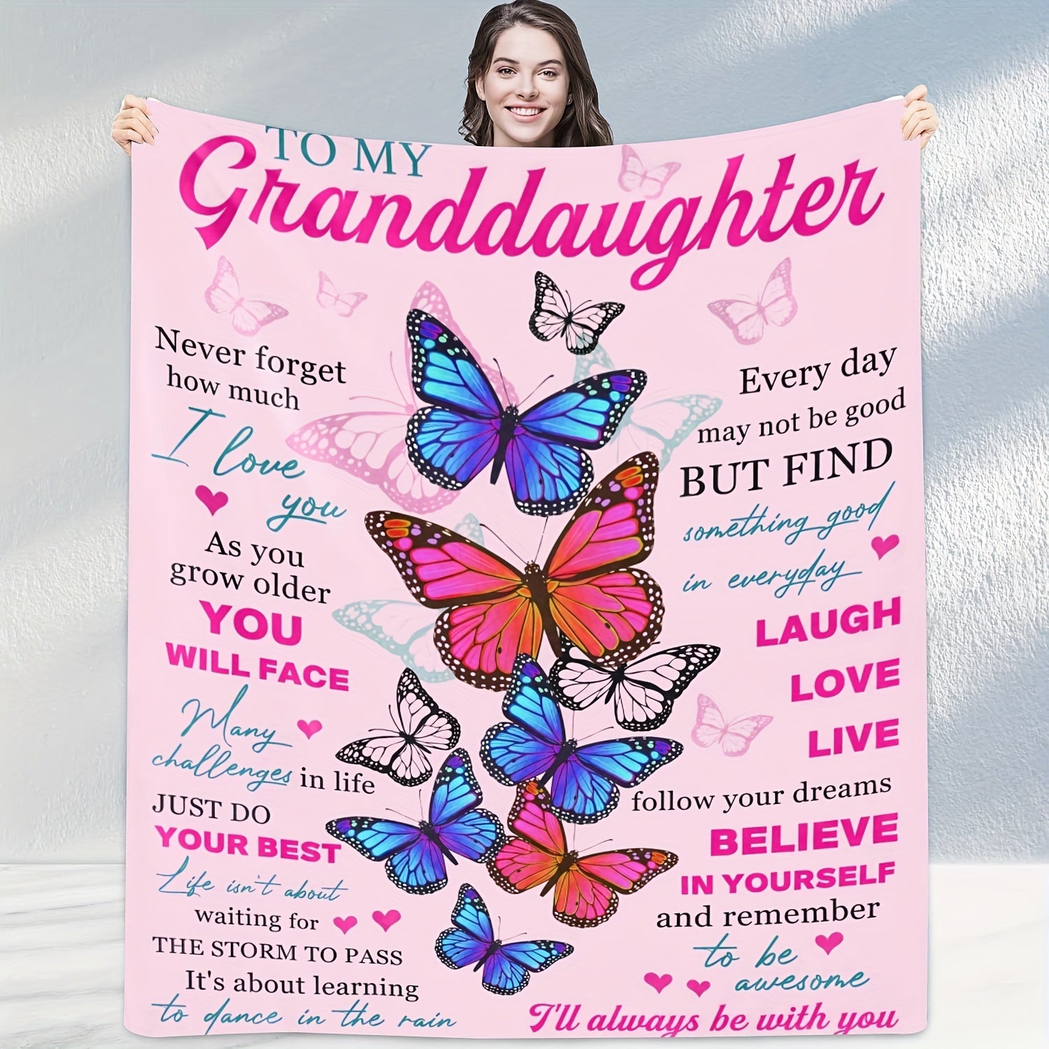 1pc Soft Flannel Butterfly Print Blanket, Warm Cozy Throw for Couch Bed Sofa, To My Granddaughter Lootquake LLC