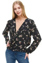 Long Sleeve Surplice Floral Top - SJB-DIAMOND ELITES