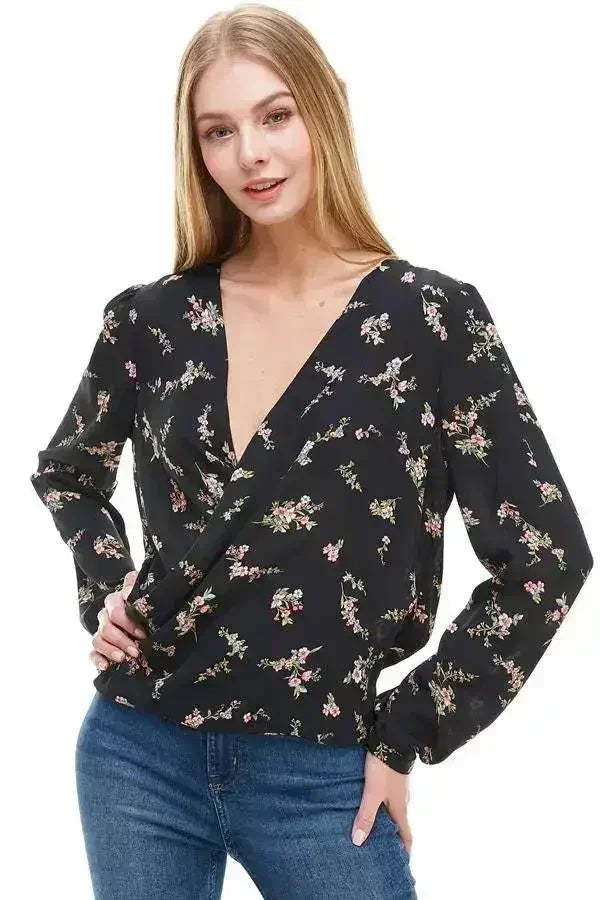 Long Sleeve Surplice Floral Top - SJB-DIAMOND ELITES