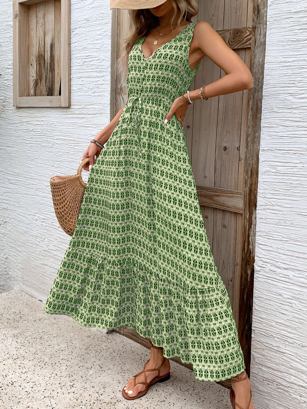 Vintage Printed V-Neck Tie Waist Midi Dress Lightweight Trendy & Elegant Dress for Women Stevvex