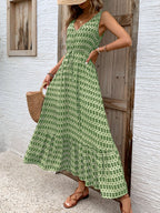 Vintage Printed V-Neck Tie Waist Midi Dress Lightweight Trendy & Elegant Dress for Women Stevvex