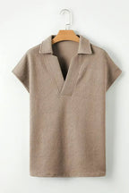 White Textured V Neck Collared Split Hem T Shirt