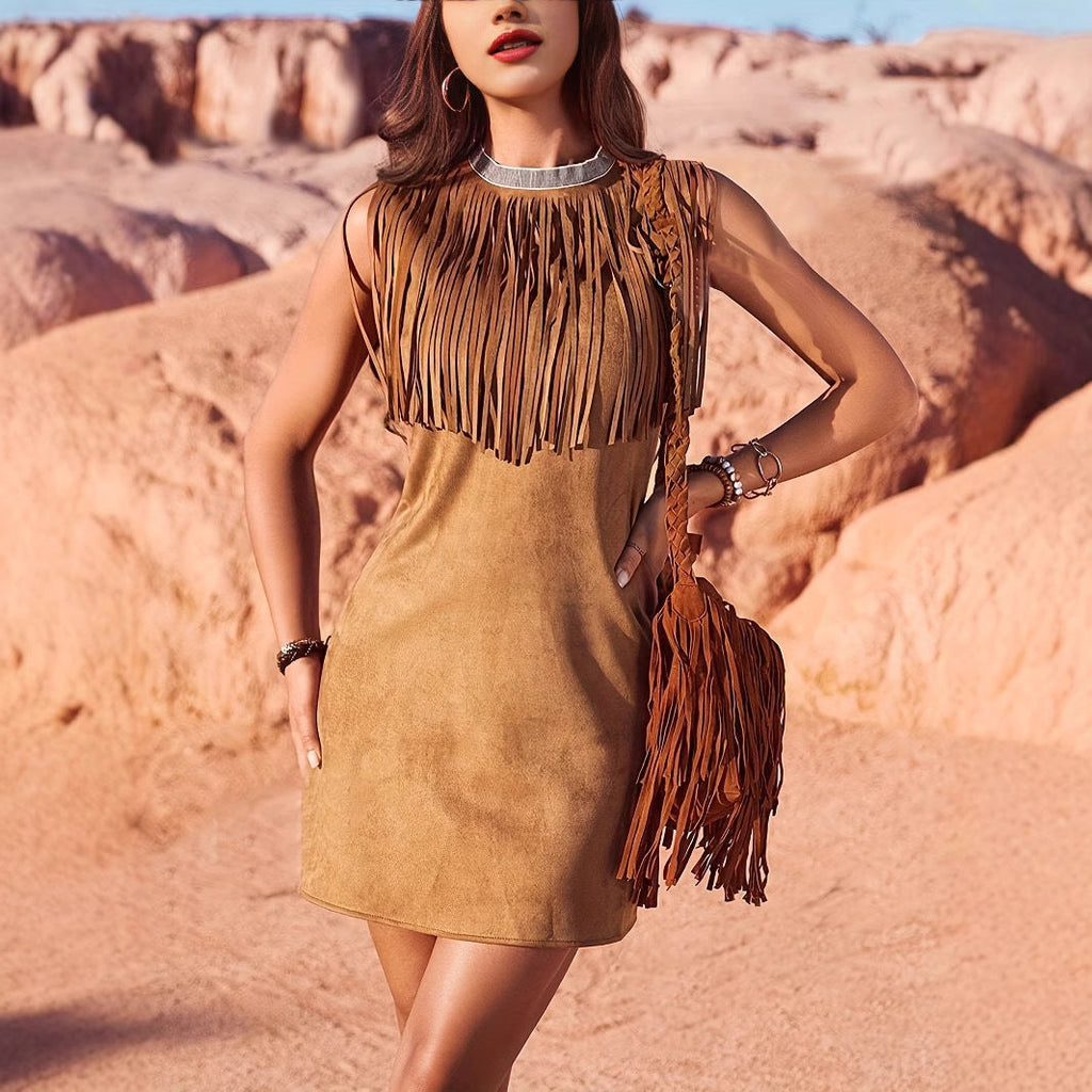 Summer Western Clothing Women's Clothing Bohemian Suede Fringe Wide Vest Dress Lootquake LLC