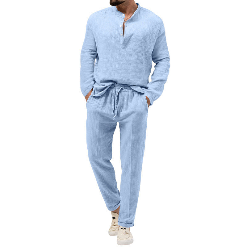 Men's Solid Color Casual Long Sleeve Shirt And Trousers Suit Lootquake LLC