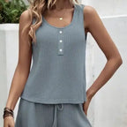 Women's Solid Color Set Knitted With Two-piece Vest Top And Drawstring Shorts Set - SJB-DIAMOND ELITES
