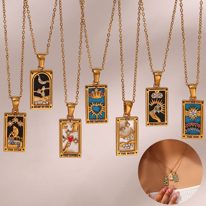Fashion Tarot Necklace With Rhinestones Diamond Set Pendant Stainless Steel Rectangular Drip Necklace Jewelry Pi-Mart