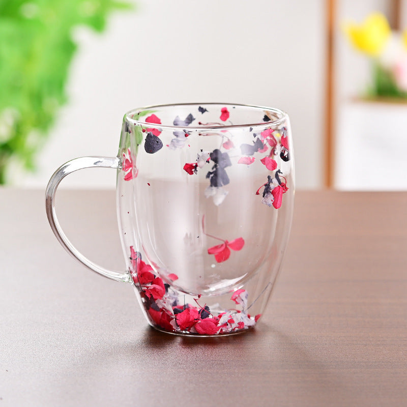 Creative Household Coffee Milk Dried Flower Quicksand Double Layer Glass Cup Pi-Mart