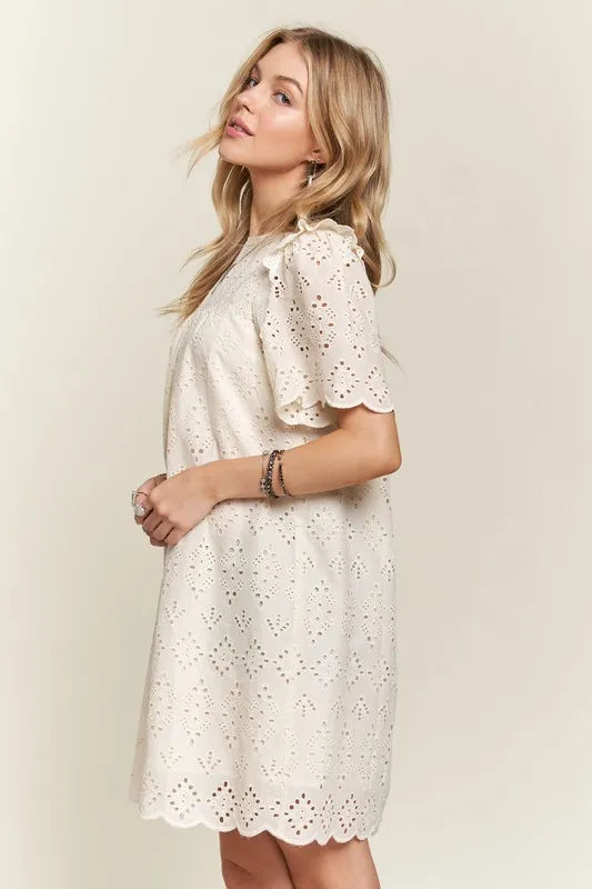 Ruffled Eyelet Round Neck Summer Dress For Women – Elegant Feminine Eyelet Dress with Ruffled Details for Garden Parties & Special Occasions Stevvex
