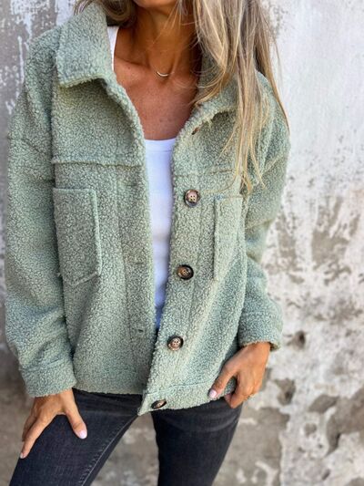Comfortable Modern Women Full Size Fuzzy Button-Up Jacket with Drop Shoulder and Pockets Stevvex