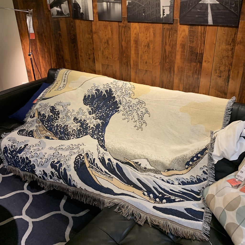 1pc Japanese Sea Wave Woven Double-sided Multi-functional Blanket, Bohemian Tapestry Hippie Room Decoration Geometric Blanket, Tassel Woven Blanket, Sofa Blanket Outdoor Hiking Backpacking Beach Travel Decoration Blanket, Wov