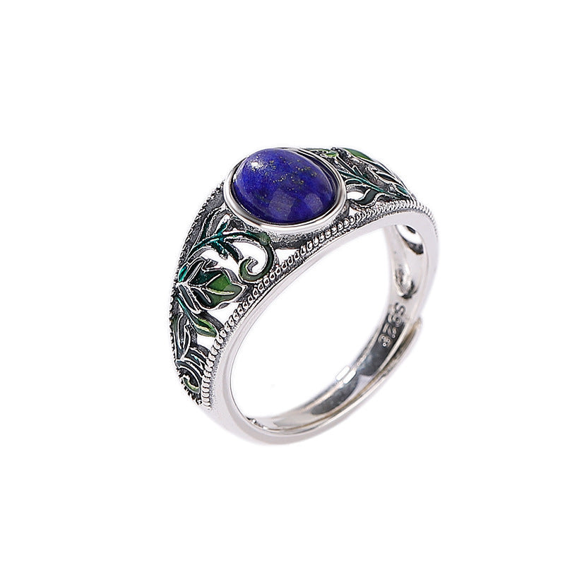 Sterling Silver Lapis Lazuli Hollow Enamel Leaf Ring Pi-Mart