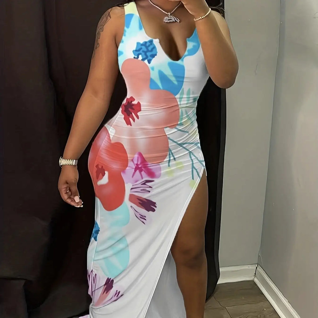 Ladies' V-neck Floral Print Thigh Slit Highlights Figure, Hip Hugging Long Skirt - SJB-DIAMOND ELITES