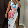 Ladies' V-neck Floral Print Thigh Slit Highlights Figure, Hip Hugging Long Skirt - SJB-DIAMOND ELITES