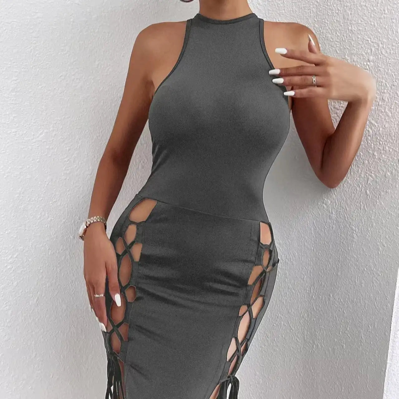 Women's Solid Color Sleeveless Skirt With Slit And Cross Tie, Sexy Tight Fitting Hip Hugging Dress, Short Skirt - SJB-DIAMOND ELITES