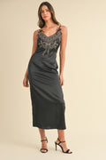 Embroidered Cami Satin Midi Slit Dress – Satin Dress, Sexy, Flattering, Embroidered Dress, Cami Style Dress, Midi Dress, Slit Detail Dress, Elegant Satin Dress Stevvex