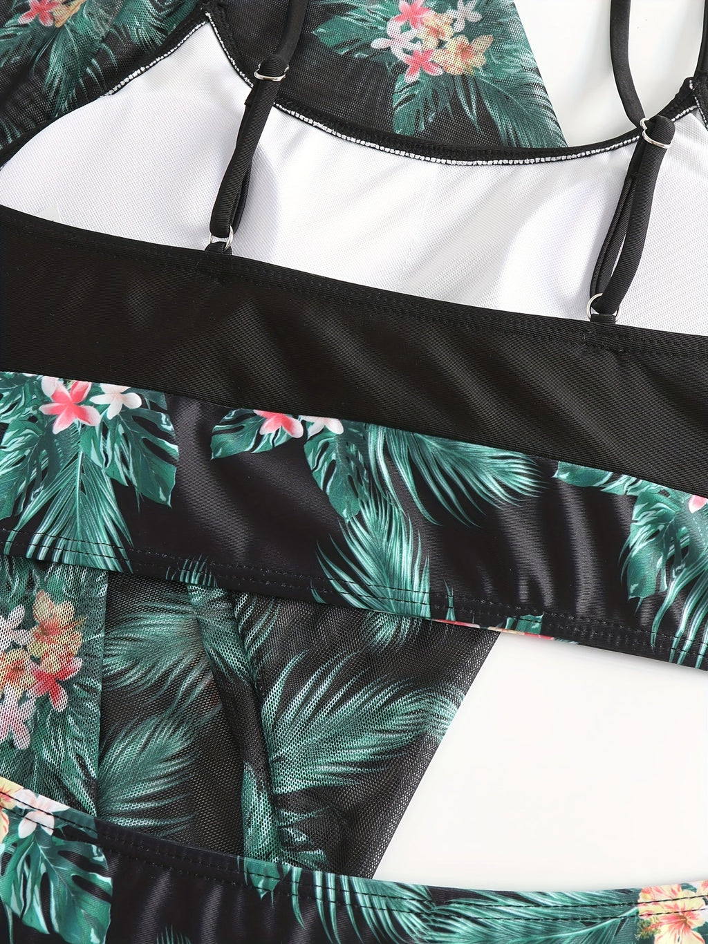 Bikini 3 Piece Tropical Print Swimsuit Set – High Stretch Comfortable Women's Bikini with Crew Neck Mesh Cover-Up – Chic Vacation Beachwear for Summer Casual Style & Poolside Glamour Stevvex