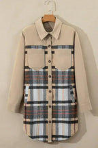 Khaki Plaid Patchwork Long Sleeve Mini Dress with Pockets