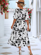 Black White Printed Balloon Sleeve Dress Elegant & Chic Casual Wear For Summer