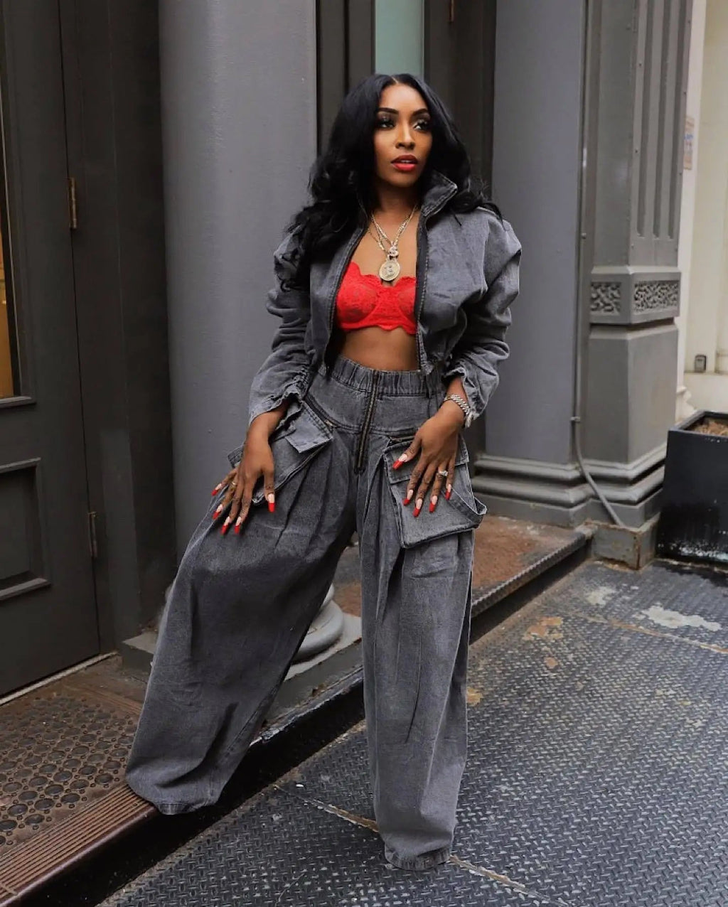 Denim Two Piece Sets Women Pant Set Y2k Streetwear Coats Jeans Elegant Matching Sets Coat Top Long Pants Jackets Streetwear Purplish Diva