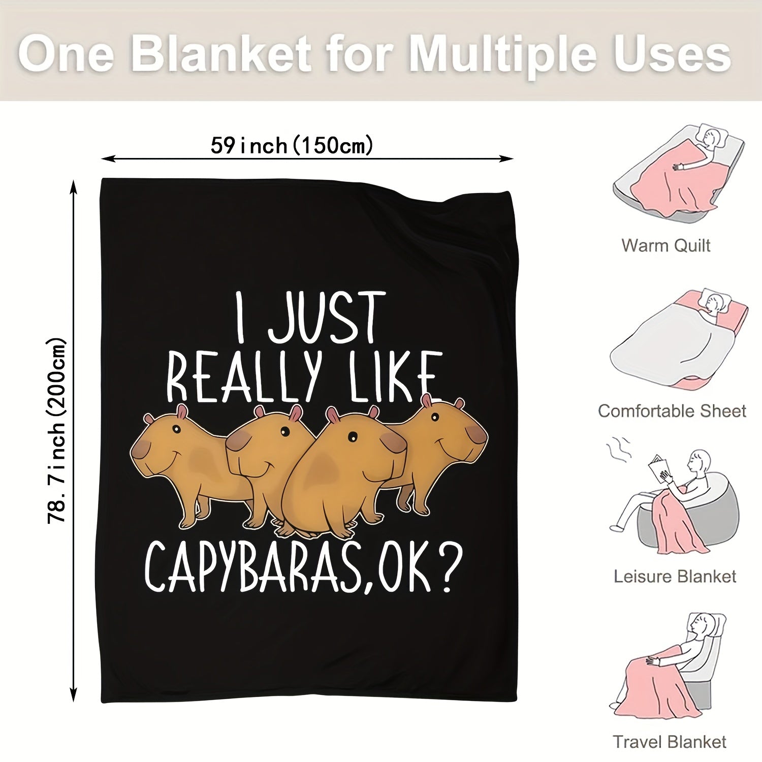 1pcDigital Printing Flannel Blanket, Cute Capybara Pattern, Casual Warm Blanket, Office Throw Blanket