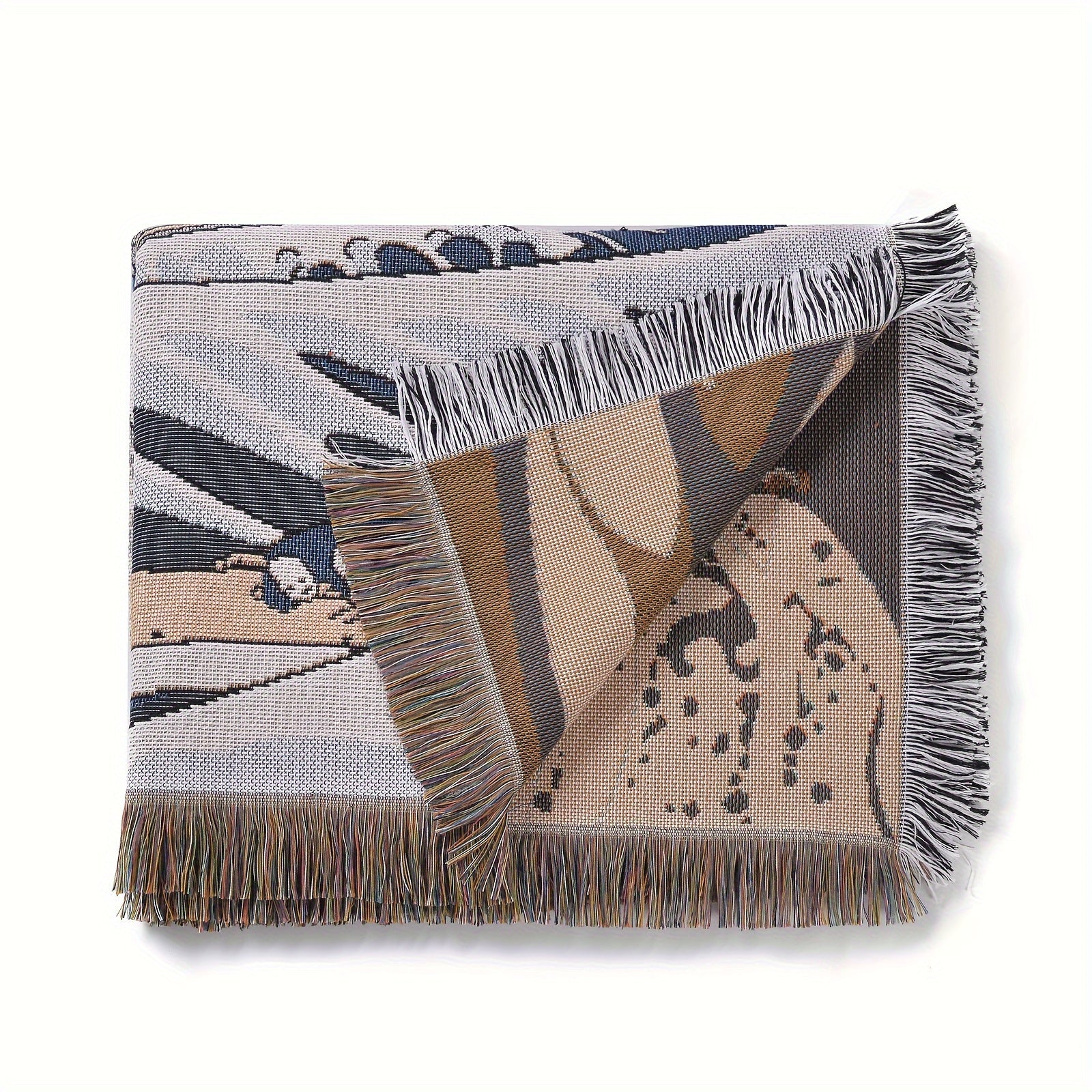 1pc Japanese Sea Wave Woven Double-sided Multi-functional Blanket, Bohemian Tapestry Hippie Room Decoration Geometric Blanket, Tassel Woven Blanket, Sofa Blanket Outdoor Hiking Backpacking Beach Travel Decoration Blanket, Wov