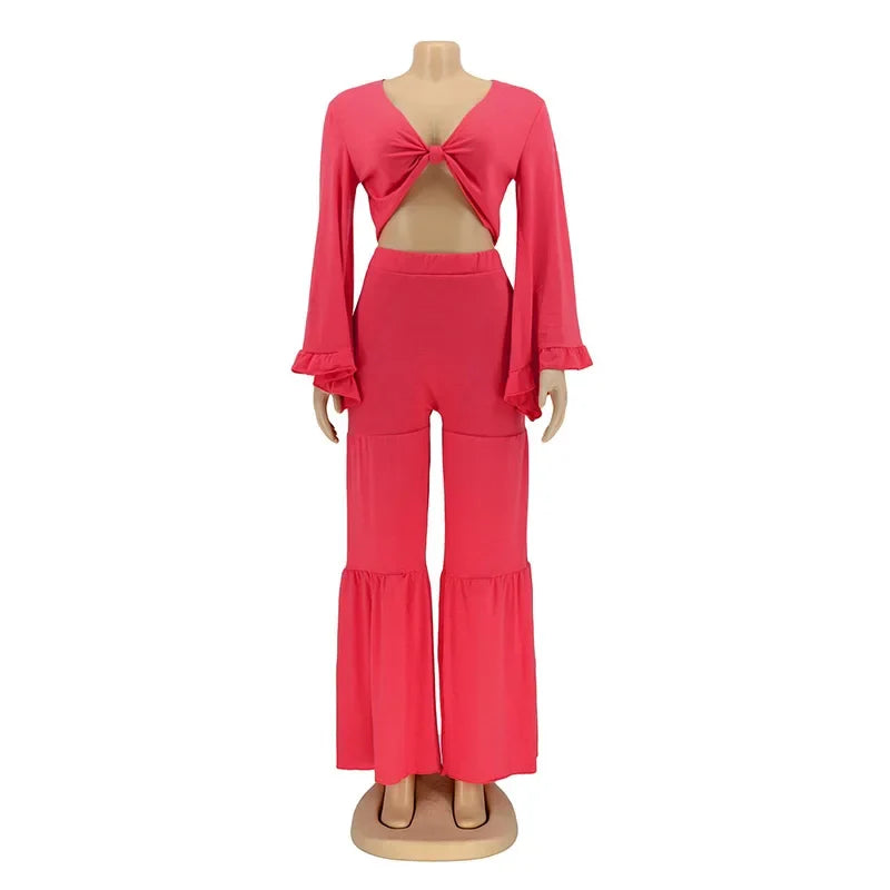 Casual Spring And Autumn For Women's Solid Color Long Sleeved Chest Wrap Top and Wide Leg Trousers Female Office 2 Piece Set Purplish Diva