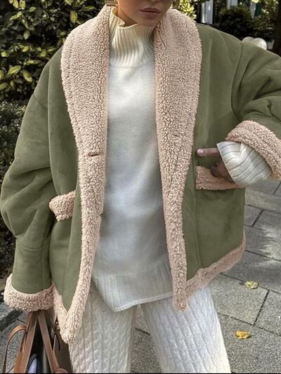 Fuzzy Collared Neck Long Sleeve Jacket with Buttoned Closure and Cozy Pockets Stevvex