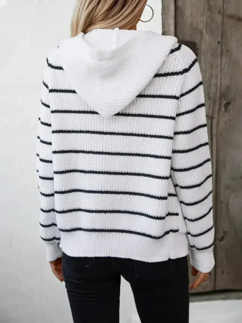 Striped Button Up Long Sleeve Hooded Cardigan - SJB-DIAMOND ELITES